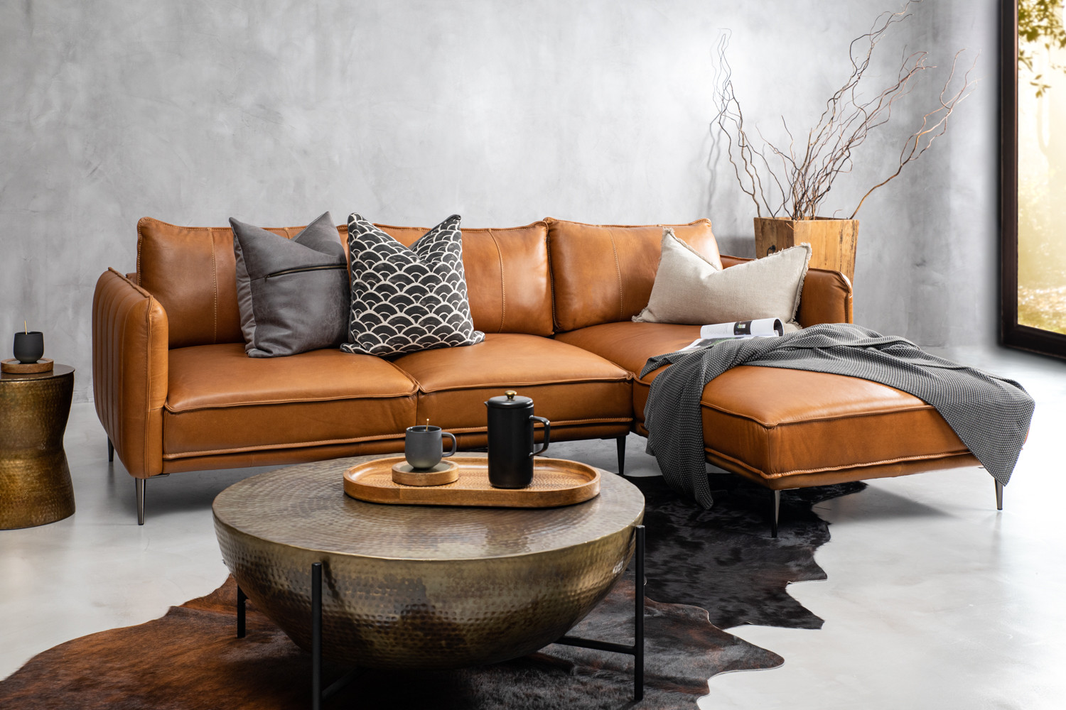 Ottavia Leather L-Shape Couch - Desert Tan | Cielo