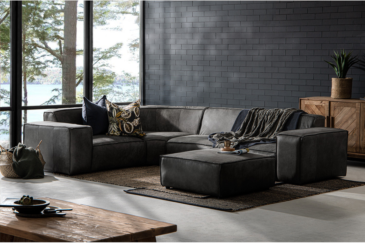 Jagger Leather Modular - Corner Couch With Ottoman - Lead