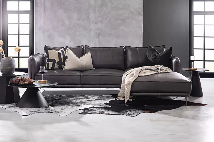 Ottavia Leather L-Shape Couch - Charcoal L-Shape Couches - 1