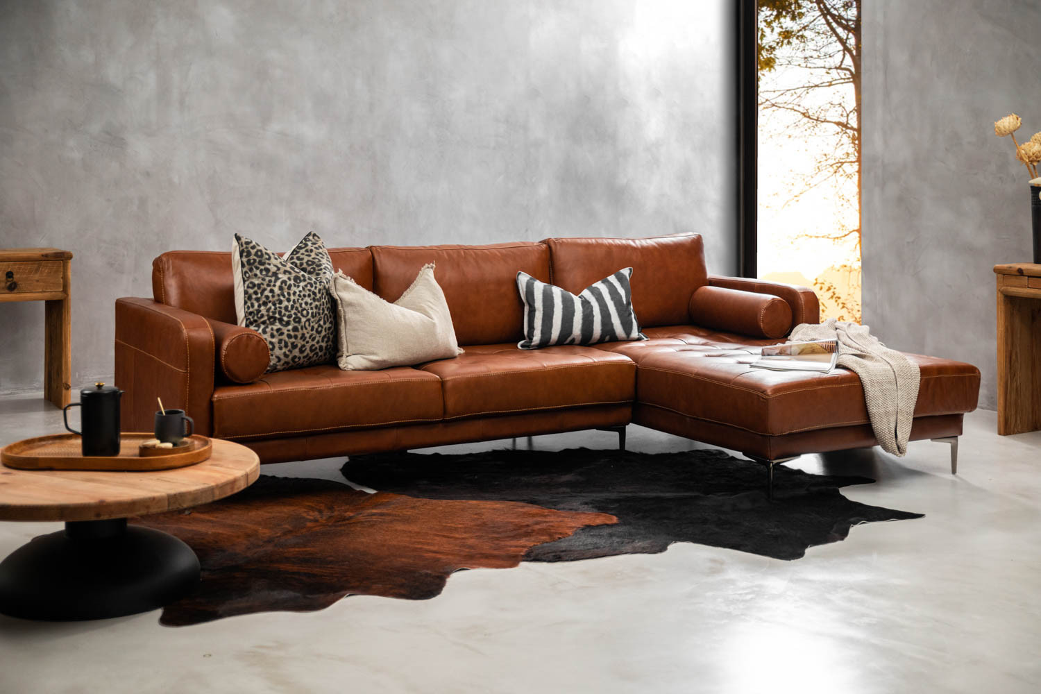 Hayden Leather L Shape Couch - Burnt Tan