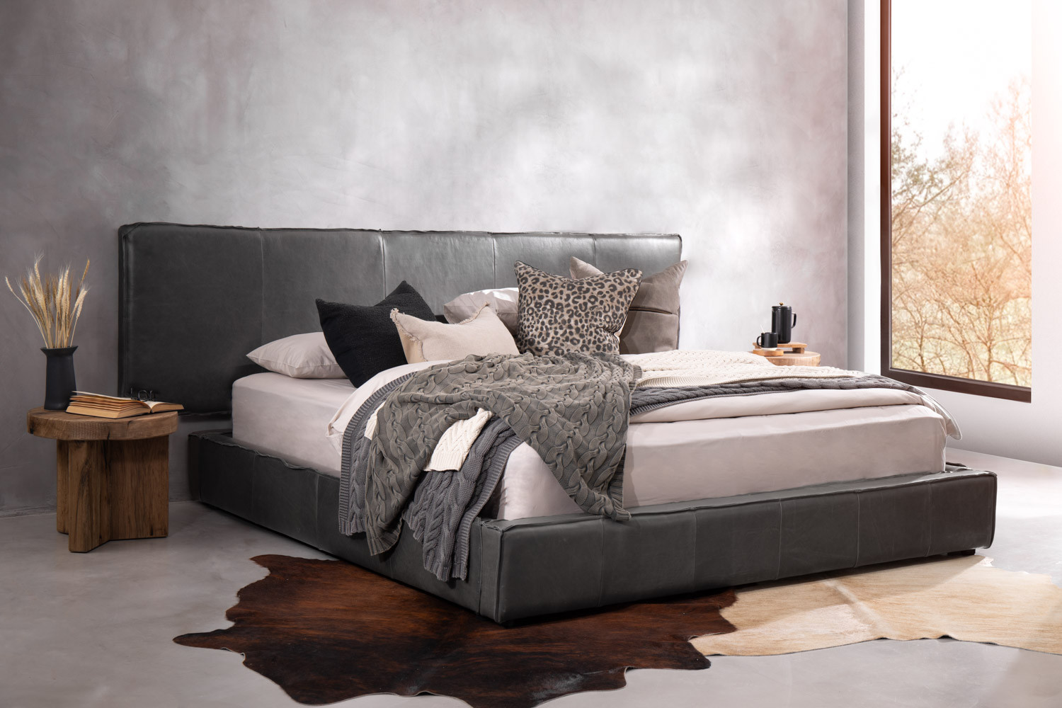 Kendrix Leather Bed Base King XL Charcoal For Sale | Cielo