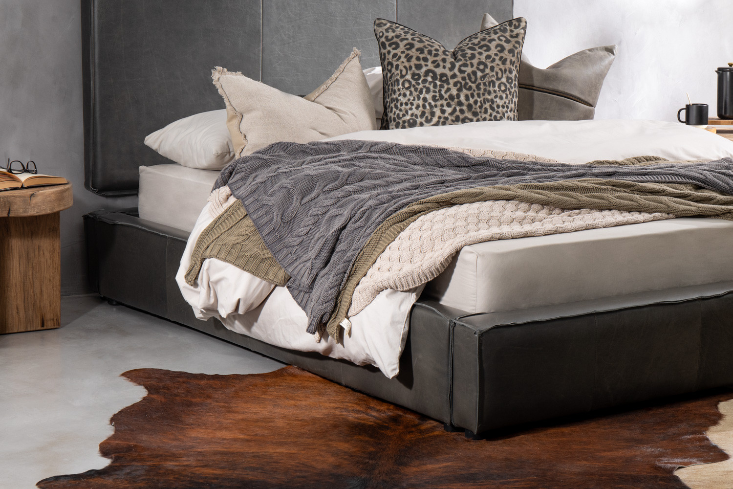 Kendrix Leather Bed Base King XL Charcoal For Sale | Cielo