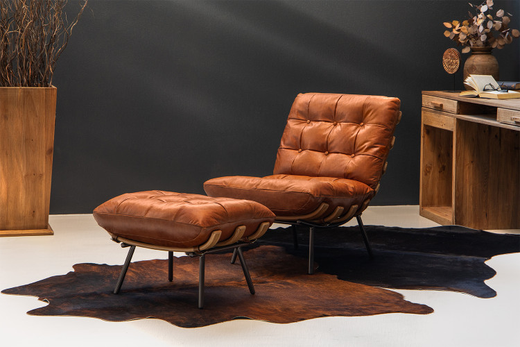 Fidel Leather Chair & Footstool - Tan Lounge Chairs - 3