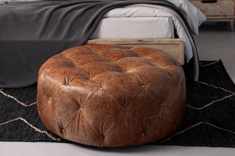 Amara Round Leather Ottoman - Vintage Tan Ottomans - 1