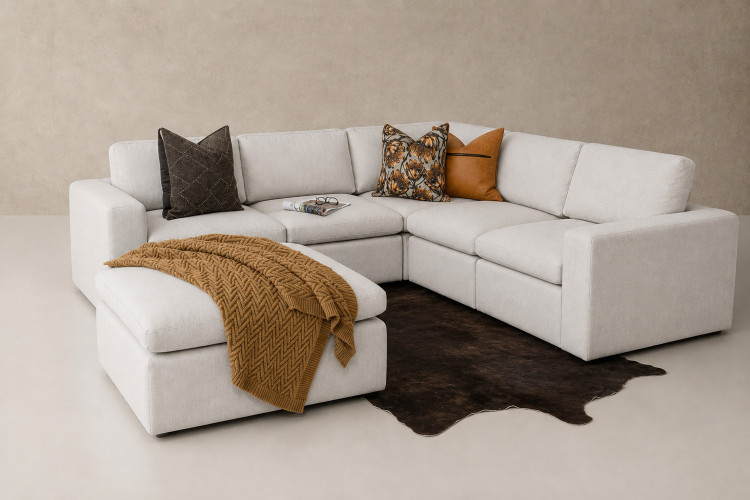 Bexley Leather Grand Corner Couch Set with Ottoman - Pearl Modular Couches - 1