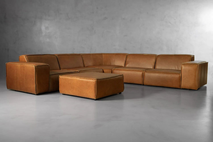 Demo - Jagger Leather Modular - Grand Corner Couch with Ottoman - Desert Tan Demo Clearance - 1