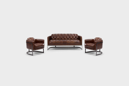 Heston Chesterfield Leather Lounge Suite - Brushed Metal