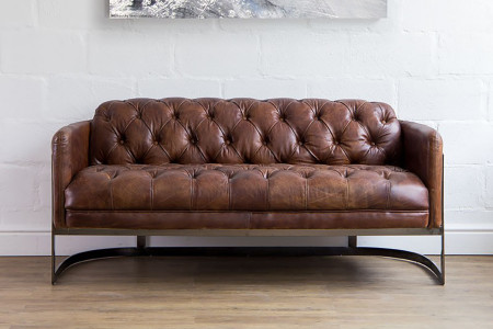 Heston Chesterfield 3 Seater Leather Couch - Brushed Metal
