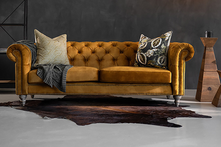 Lannfield 3 Seater Couch - Textured Velvet Mustard